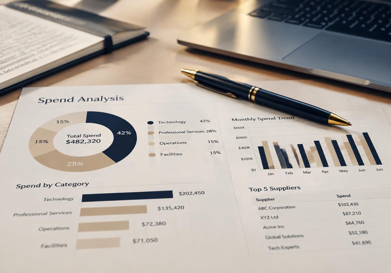 Printed spend analysis report on a desk with a pen