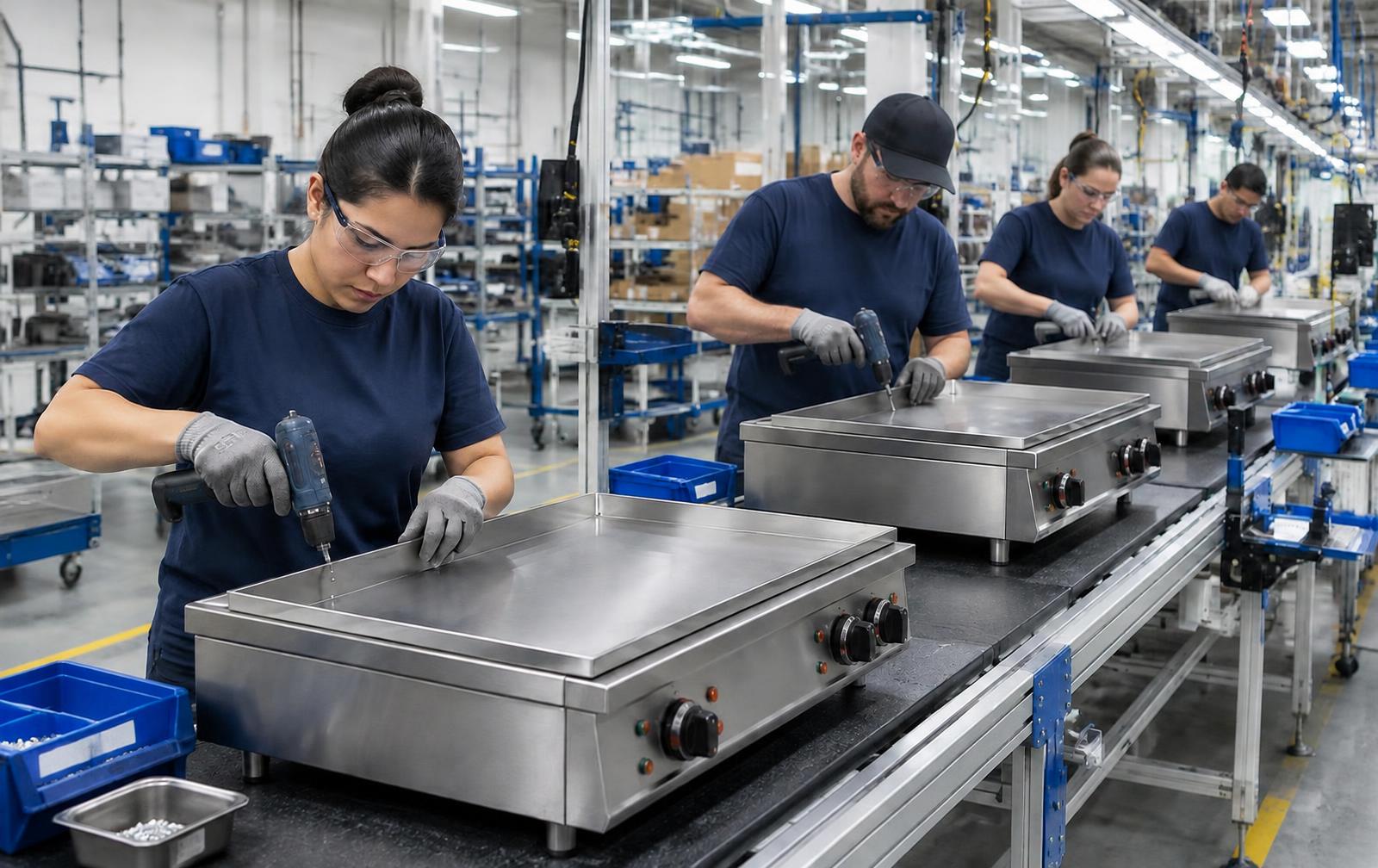 Illustrative image of workers assembling stainless-steel griddles